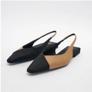 Zara two tone leather tan and black suede flat, sling back size 7.5